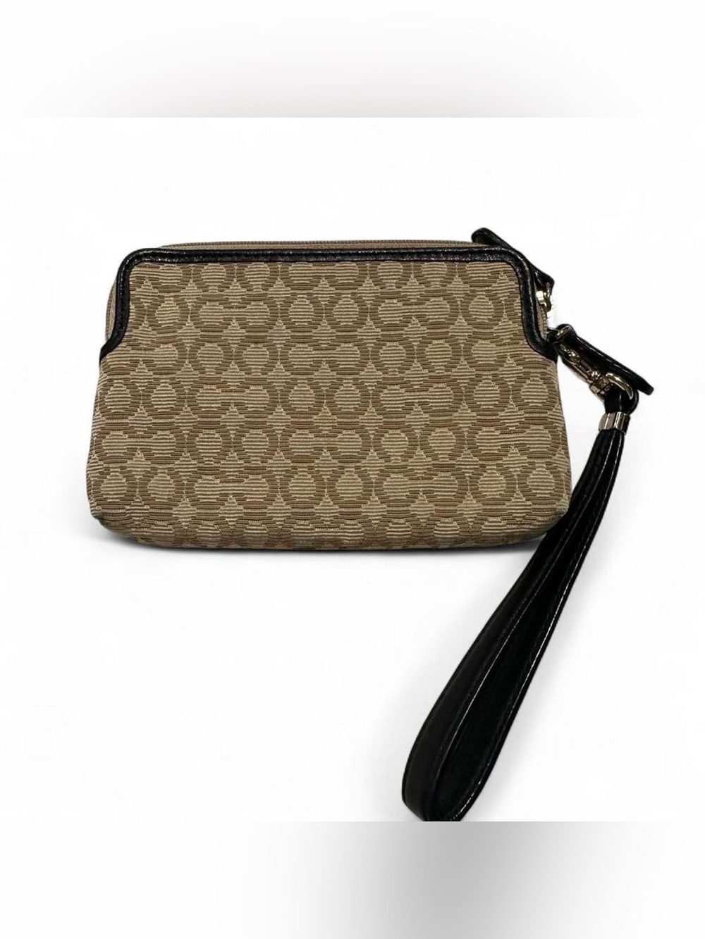 Coach Madison Needlepoint Signature Canvas Wristlet in Khaki Black Leather Trim - Picture 3 of 6
